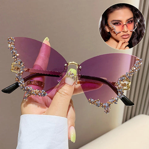 Luxury Diamond Butterfly Sunglasses Women Brand Y2K Vintage Rimless