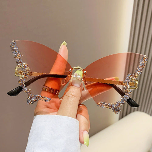Luxury Diamond Butterfly Sunglasses Women Brand Y2K Vintage Rimless