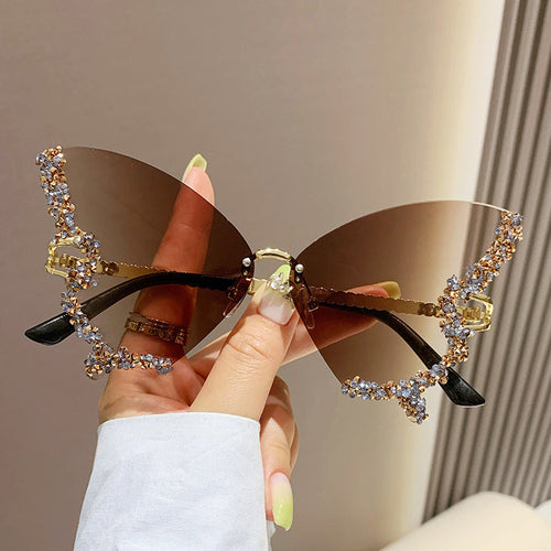 Luxury Diamond Butterfly Sunglasses Women Brand Y2K Vintage Rimless