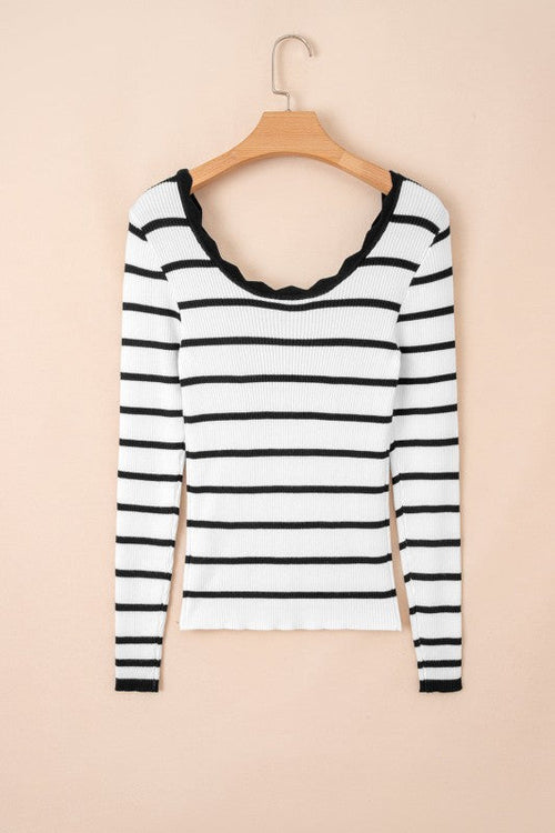 Scalloped Scoop Neck Ribbed Sweater - Slim Fit Knit Top