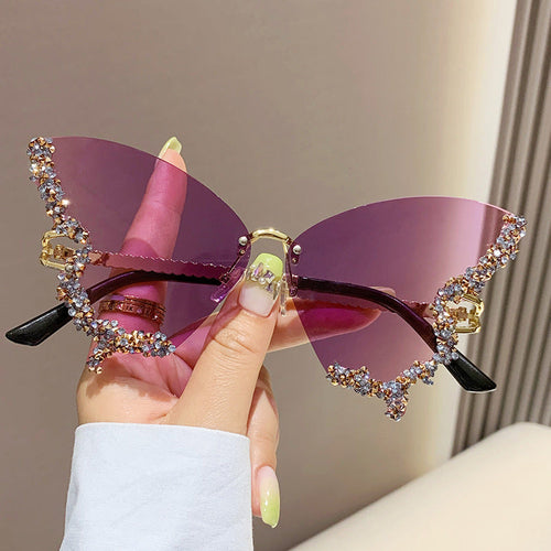 Luxury Diamond Butterfly Sunglasses Women Brand Y2K Vintage Rimless