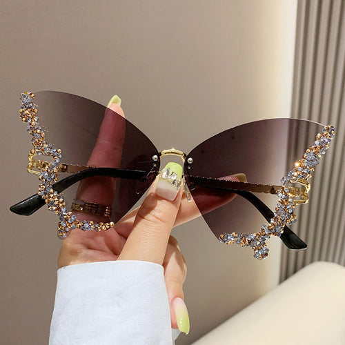 Luxury Diamond Butterfly Sunglasses Women Brand Y2K Vintage Rimless